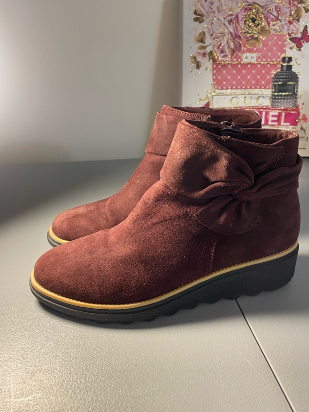 Clarks Women's Aubergine Suede Bow Ankle Bootie